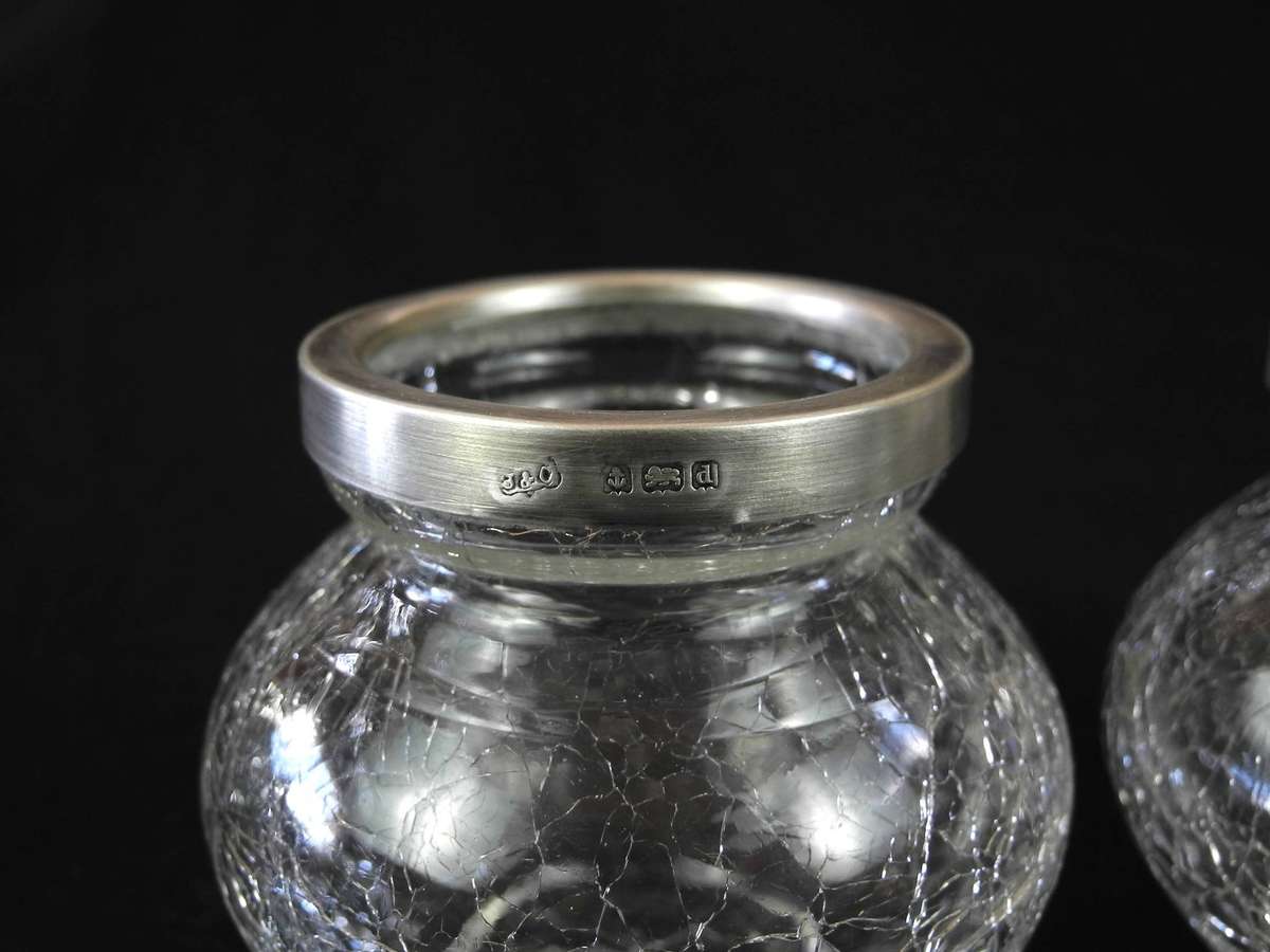 Two Antique .925 Sterling Silver Rimed Crackle Glass Vases (1903)