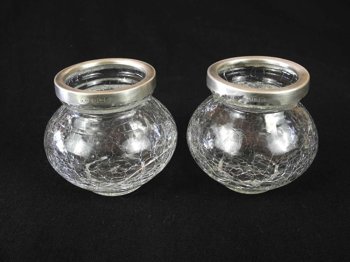 Two Antique .925 Sterling Silver Rimed Crackle Glass Vases (1903)
