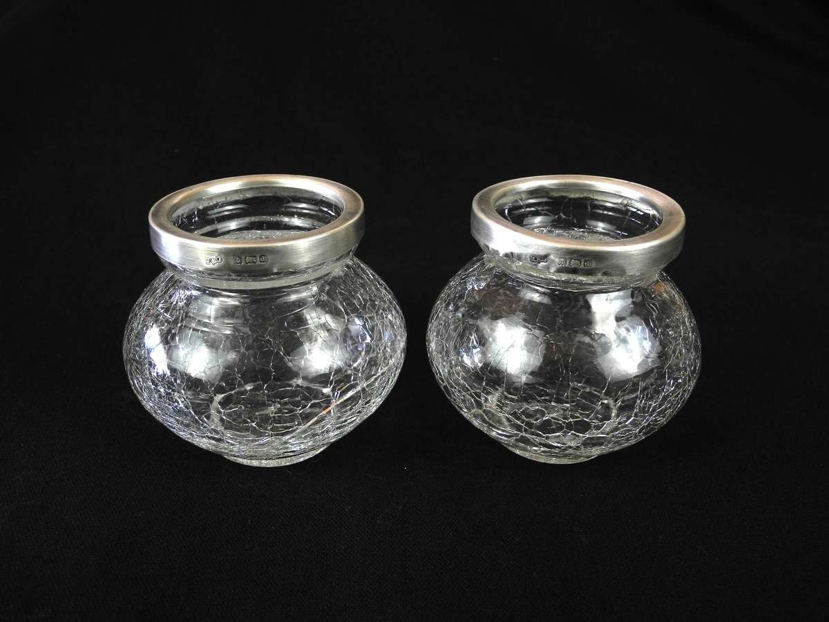 Two Antique .925 Sterling Silver Rimed Crackle Glass Vases (1903)