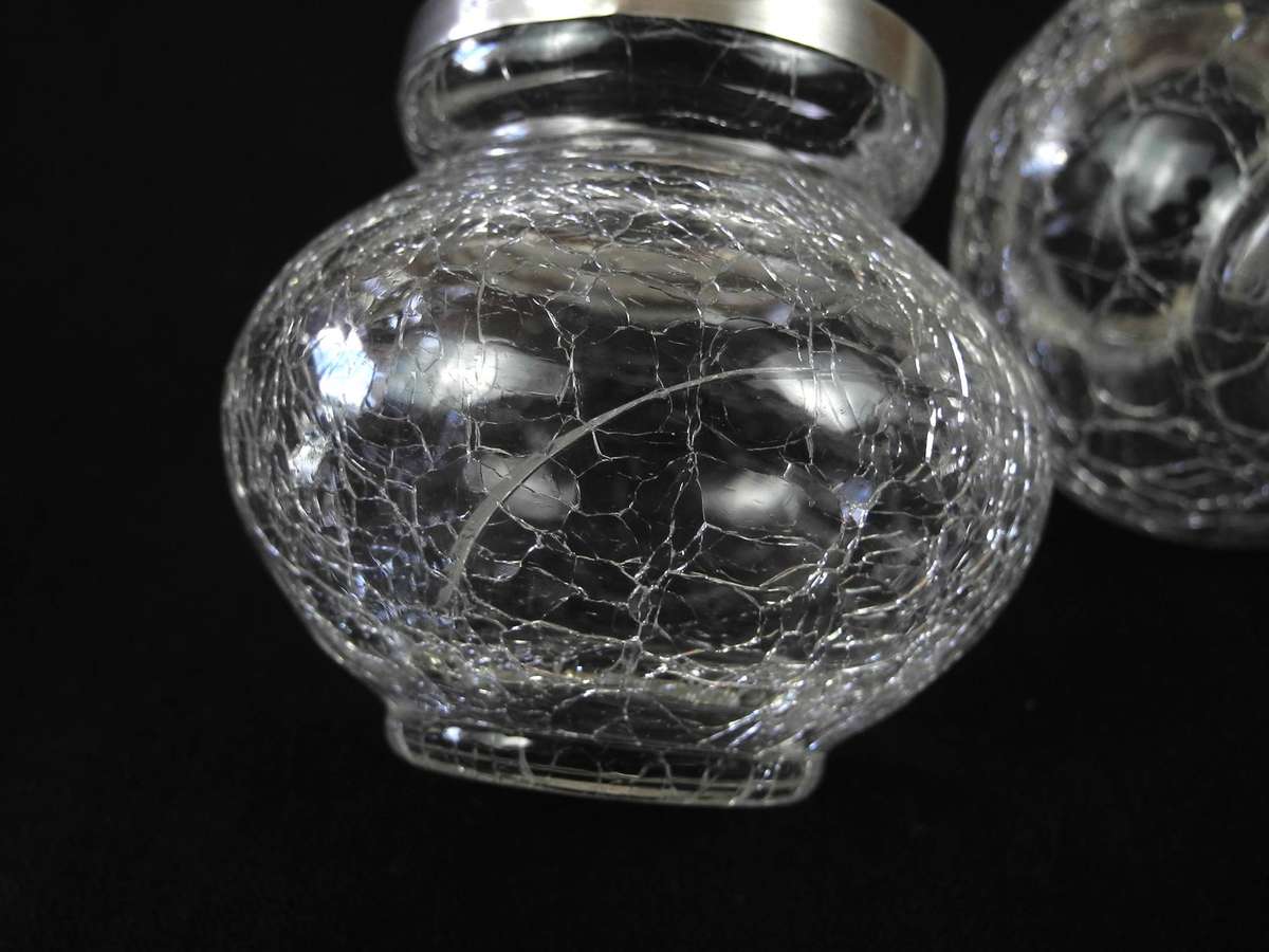 Two Antique .925 Sterling Silver Rimed Crackle Glass Vases (1903)