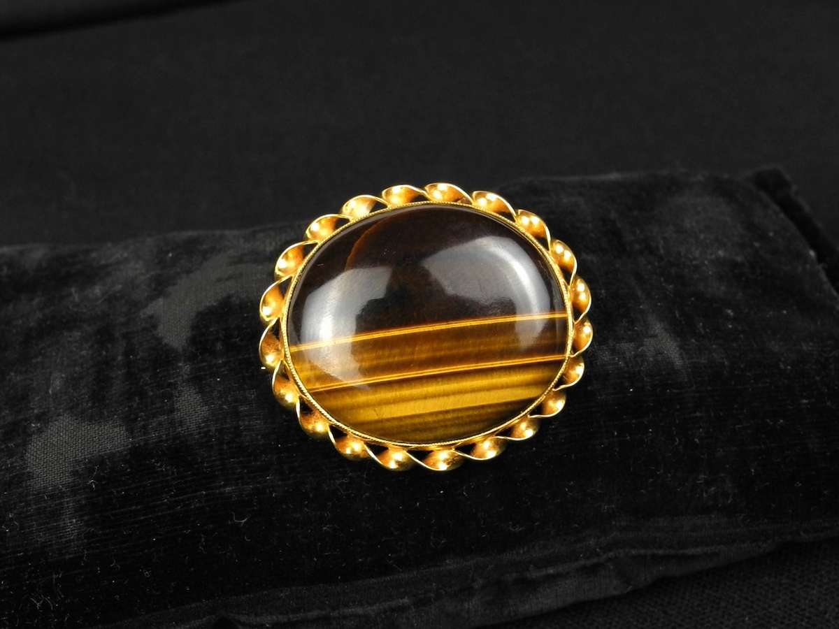 Vintage 9ct Yellow Gold & Tigers Eye Oval Brooch (14g)