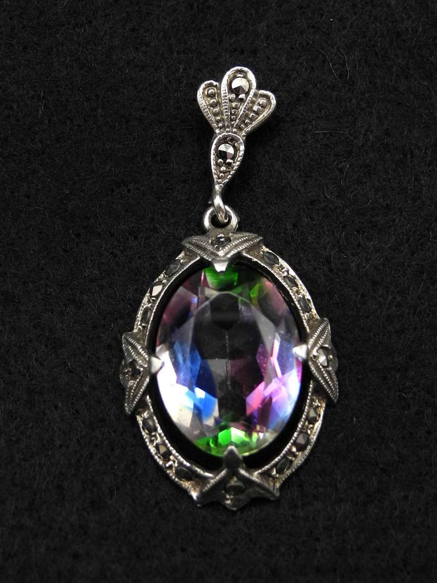 Sterling Silver Rainbow Mystic Quartz Pendant with Marcasite Border