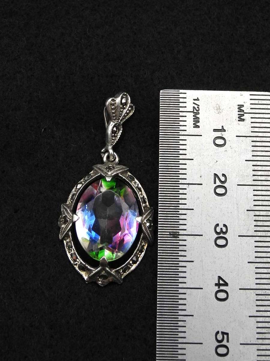 Sterling Silver Rainbow Mystic Quartz Pendant with Marcasite Border