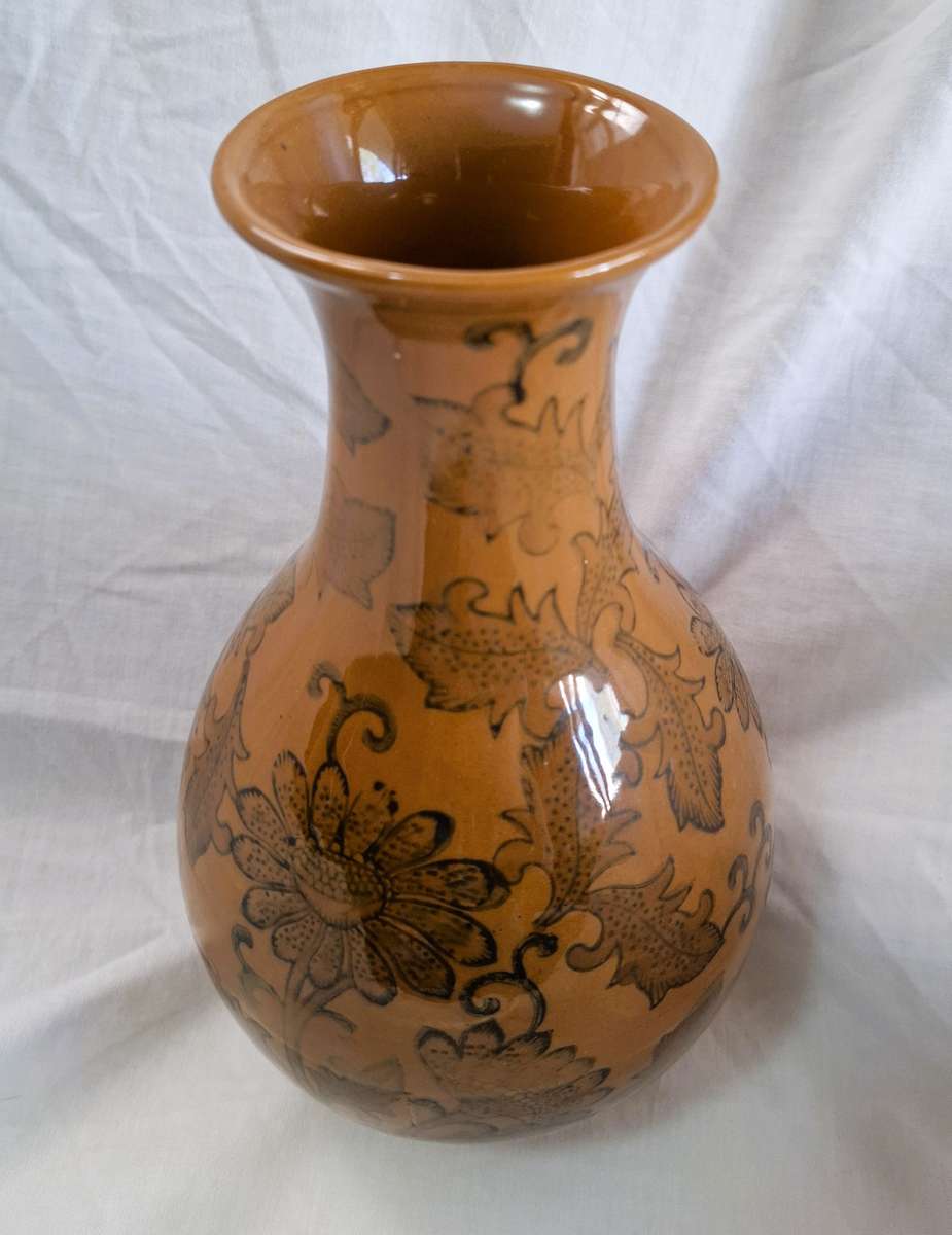 Chinese Porcelain Vase, Floral Design with Golden-Brown Glaze
