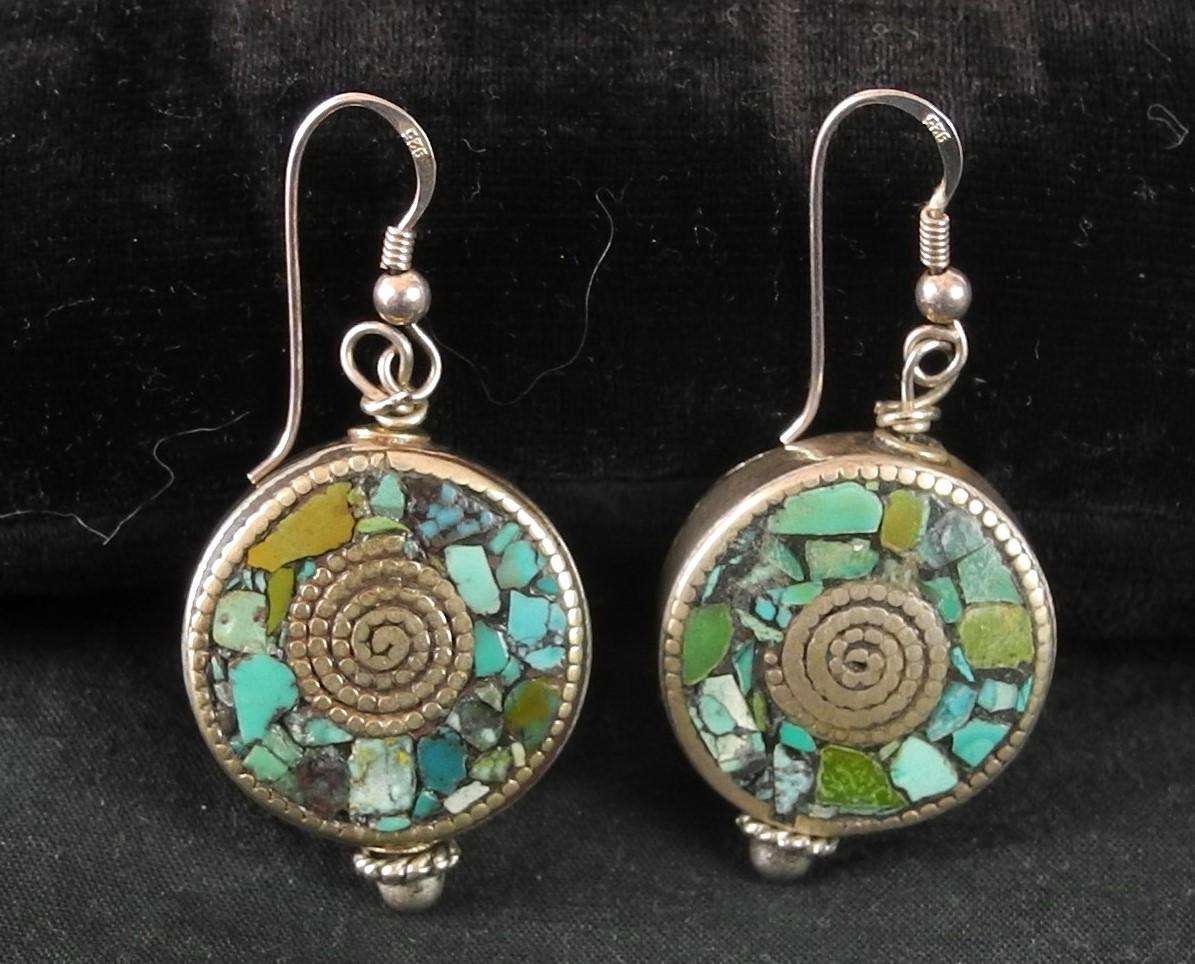 Vintage Turquoise and Tibetan Silver Drop Earrings