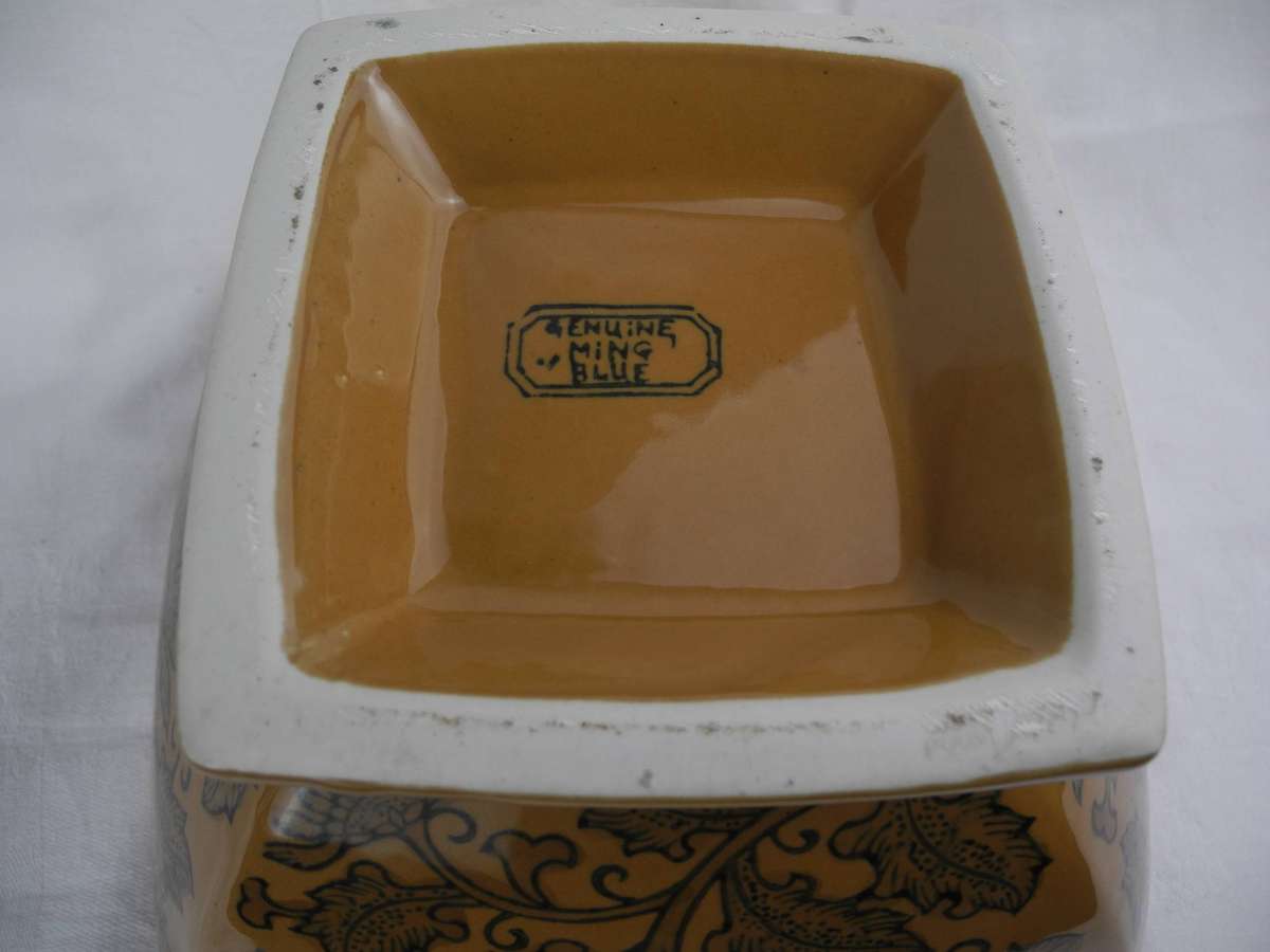 Vintage Porcelain Pedestal Bowl marked Genuine Ming Blue