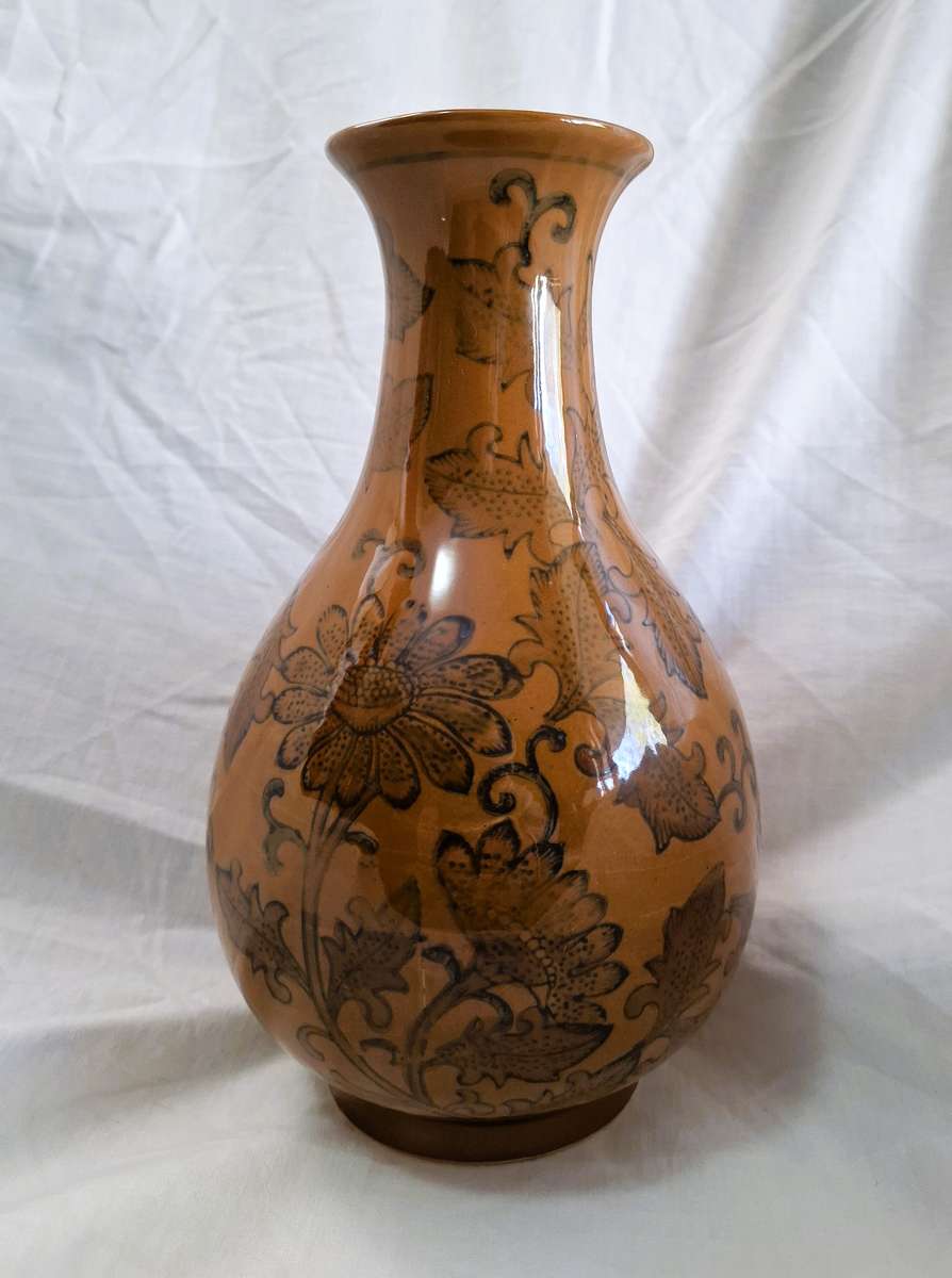 Chinese Porcelain Vase, Floral Design with Golden-Brown Glaze