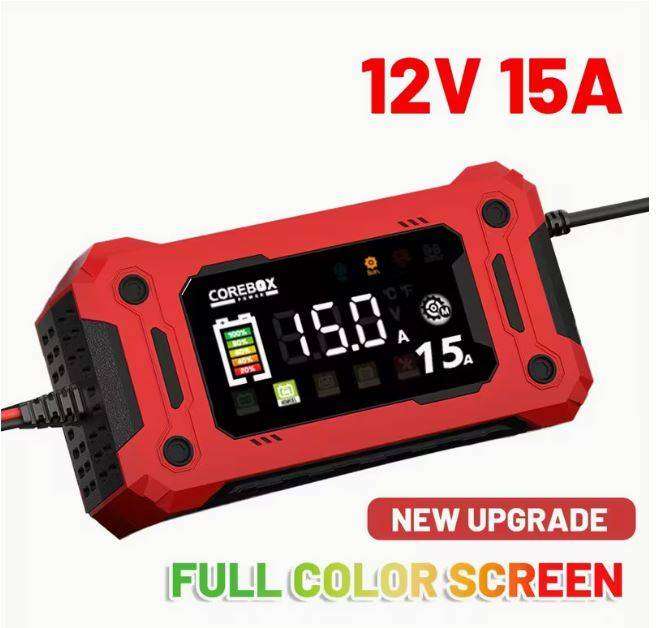 12V -  15 Amp Heavy-Duty Smart Automatic Battery Charger with LCD Display