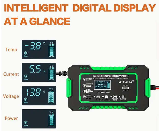 Car Battery charger - 12V 6A Intelligent Pulse Repair Charger with LCD Display