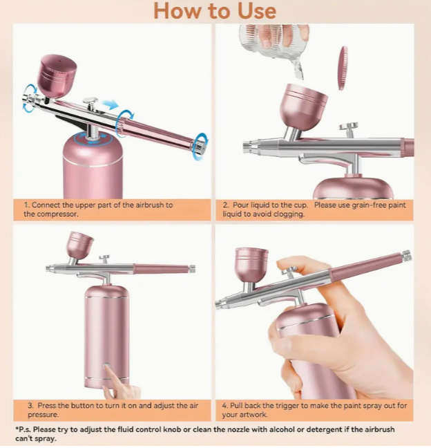 High-Pressure Cordless Airbrush Kit Handheld, Rechargeable, 0.3mm Tip - USB Rechargeable, RED