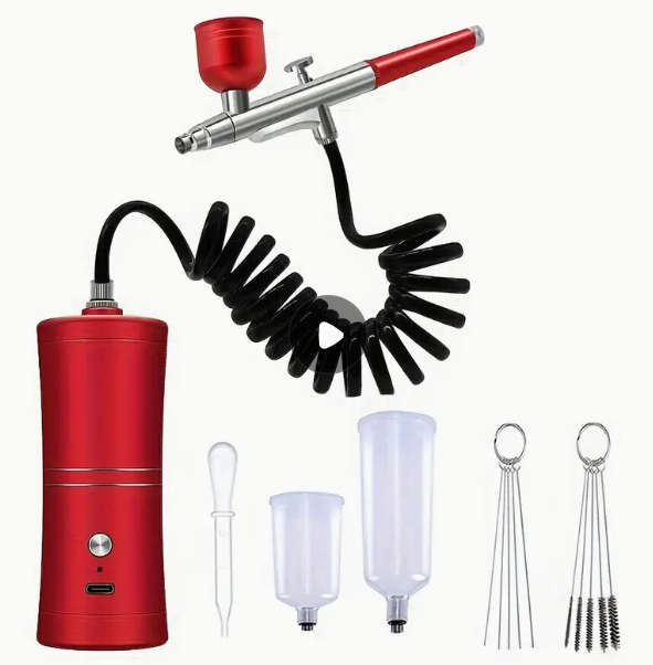 High-Pressure Cordless Airbrush Kit Handheld, Rechargeable, 0.3mm Tip - USB Rechargeable, RED