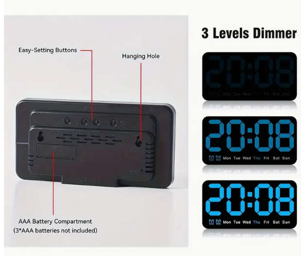 Digital Alarm Clock Wall Display, 24.13cm LED Display Clock with Dual Alarm, DST, - Blue Display