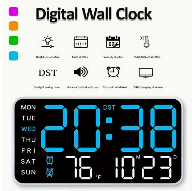 Voice-Controlled Digital Wall Clock with Temperature, Date & Week Display - Dual Alarm Clock - Green
