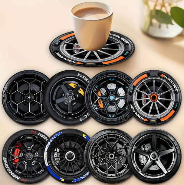 8-Pack Wooden Tire Coasters, Heat-Resistant & Non-Slip Mag Style coaster