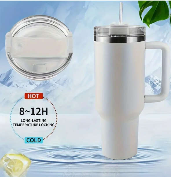 40oz Stainless Steel Tumbler with Lid, Insulated Travel Mug with Handle - White