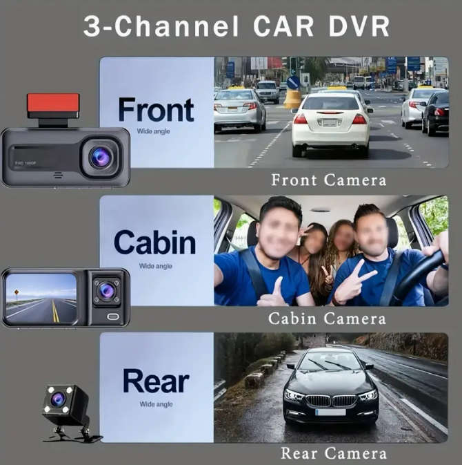 3-Lens Car DVR, HD 1080P Dash Cam, Video Recorder for Parking Surveillance  Infrared Night Vision