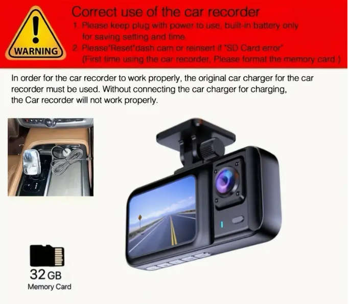 3-Lens Car DVR, HD 1080P Dash Cam, Video Recorder for Parking Surveillance  Infrared Night Vision