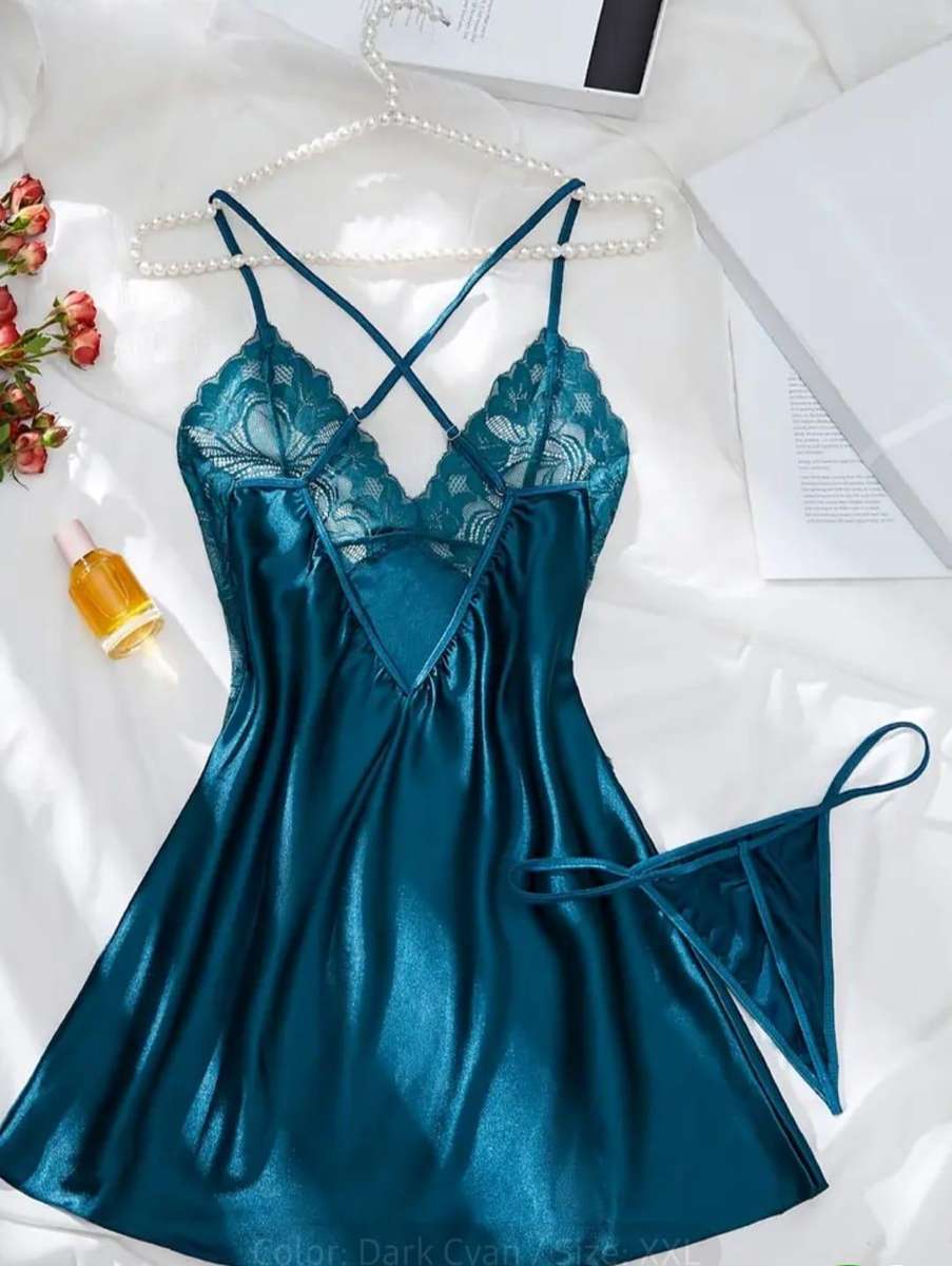 Lace Spaghetti Strap Nightie with Thong - Jade Green