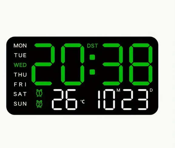 Voice-Controlled Digital Wall Clock with Temperature, Date & Week Display - Dual Alarm Clock - Green