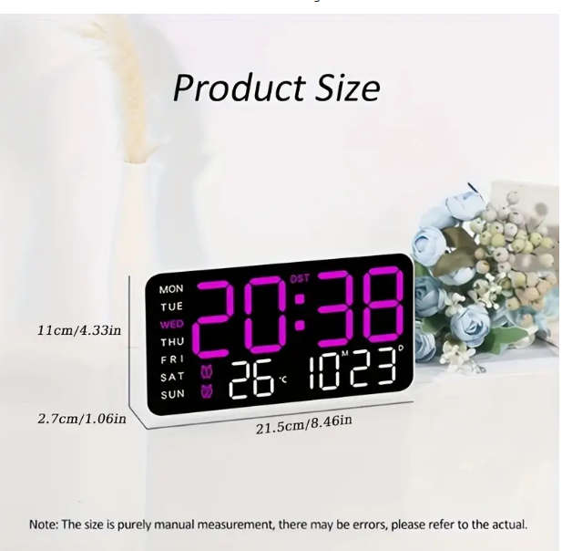 Voice-Controlled Digital Wall Clock with Temperature, Date & Week Display - Dual Alarm Clock - Green