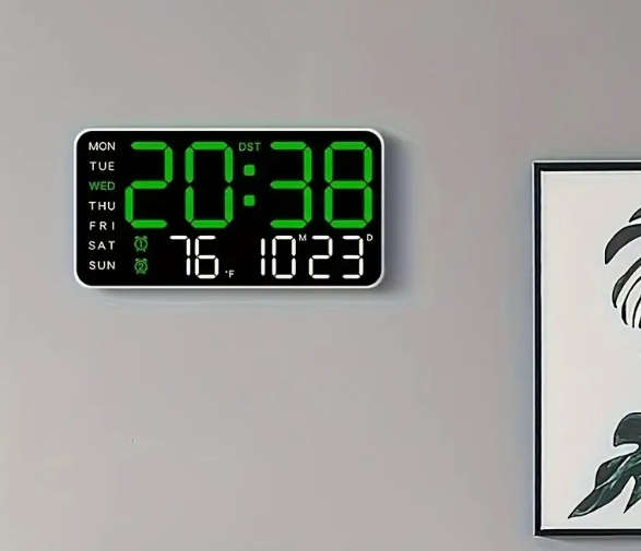 Voice-Controlled Digital Wall Clock with Temperature, Date & Week Display - Dual Alarm Clock - Green