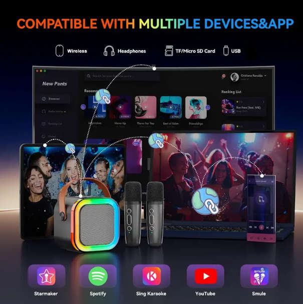 Youngsters's Mini Karaoke Machine, with 2 Wireless Microphones - Black