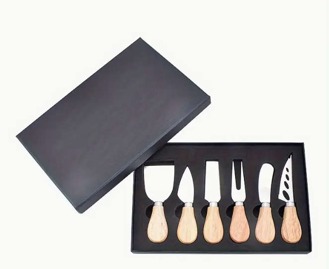 Stainless Steel Cheese Knife and Fork Six Piece Set with Rubber Wooden Handle knives