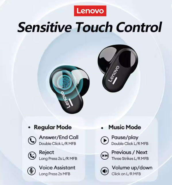 Lenovo ThinkPlus LP19 Wireless Earbuds, HiFi Sound with Dynamic Coil Diaphragm - BLACK