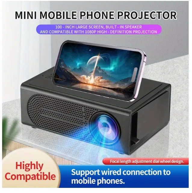 Compact HD Projector for Home Theater Smartphone Screen Mirroring, Portable Design + Screen
