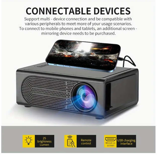Compact HD Projector for Home Theater Smartphone Screen Mirroring, Portable Design + Screen