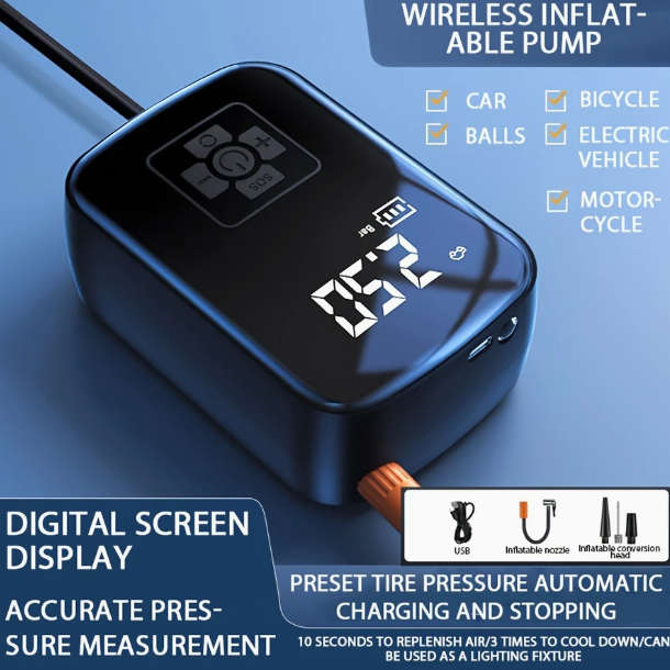 Portable Car Air Compressor with a Wireless Handheld Tyre Pump