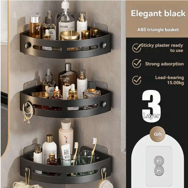 3pcs Black Plastic Corner Shelves, Wall-Mounted Triangular Storage Rack, Space-Saving Organizer