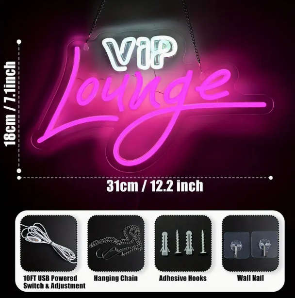 VIP Lounge Neon Sign: Elegant LED Lighting for Home Decor - USB Powered, Wall Mountable LED