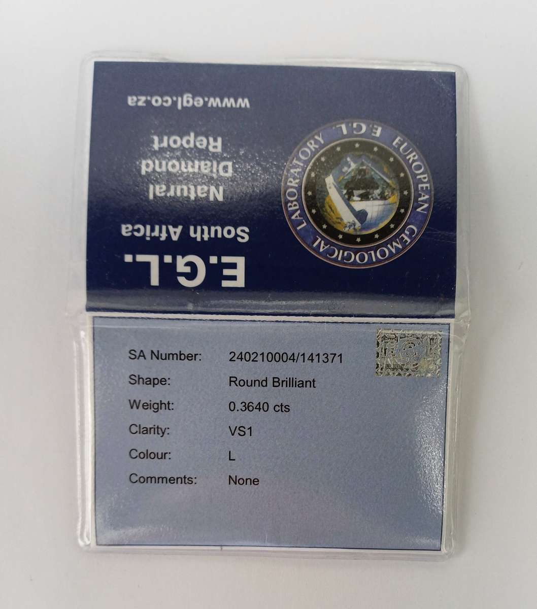 Graded 0.364ct Round Brilliant Diamond VS1 Colour L