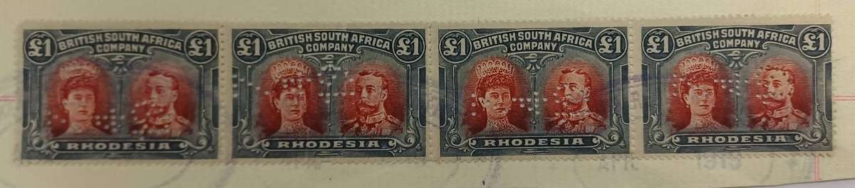 Rhodesia BSAC 1910 KGV double Head 1 Pound Perfin