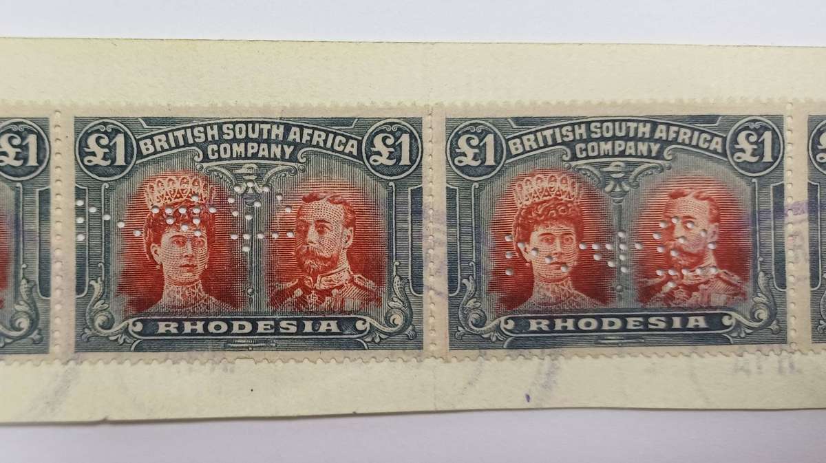 Rhodesia BSAC 1910 KGV double Head 1 Pound Perfin