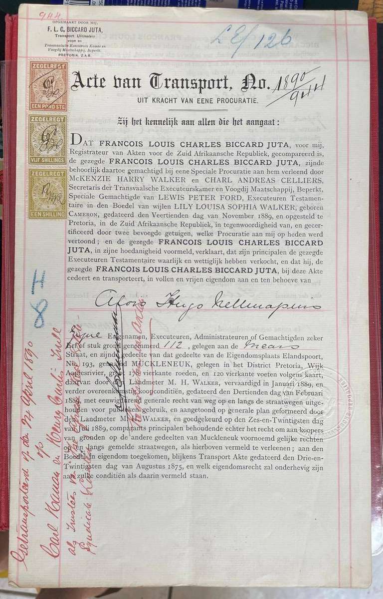 ZAR 1890 SIGNED BY ALOIS HUGO NELLMAPIUS - REGISTRATION DOCUMENT w. £1 + 5S + 1S