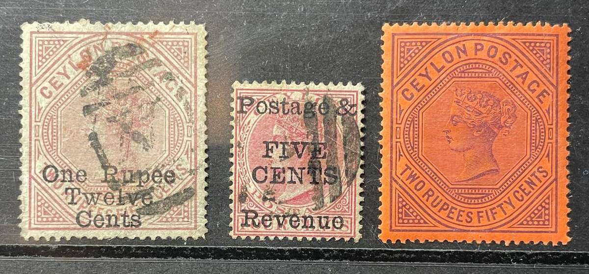 CEYLON - QV - 1885 - 1 RUPEE 12 c [12.5 P.] / 2 RUPEE 50 c / 5 CENTS