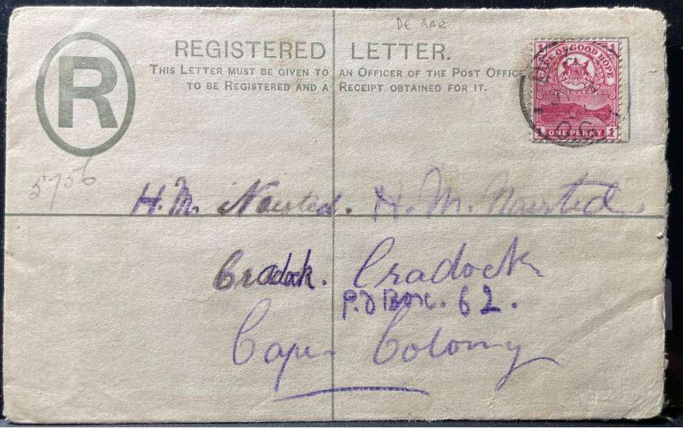 CAPE COLONY QV REG. COVER 1901 N.E. T.P.O. - DE AAR TO CRADOCK