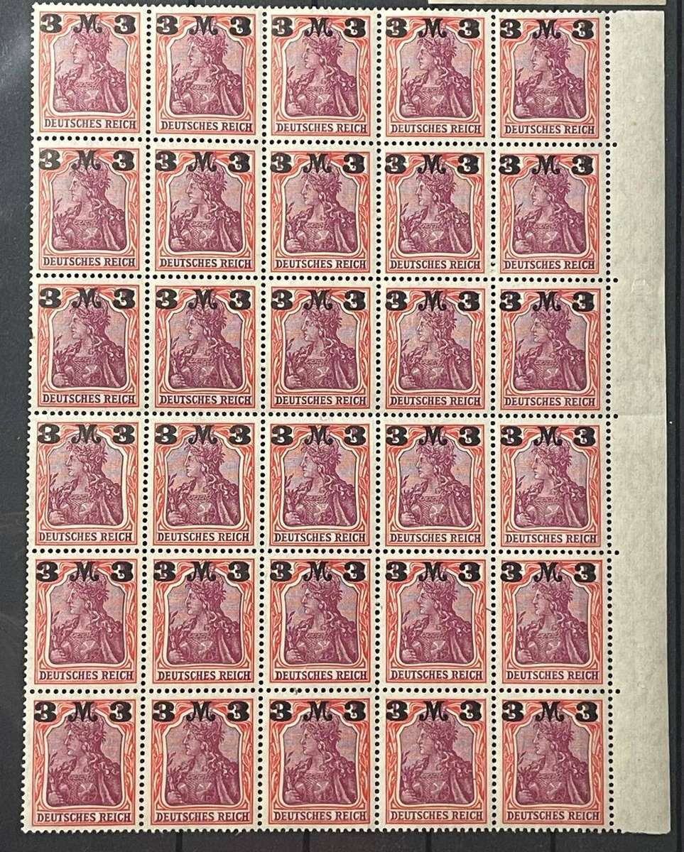 GERMANY 1921 - 3M AUF 1¼M MARGIN BLOCK OF 30 MNH**