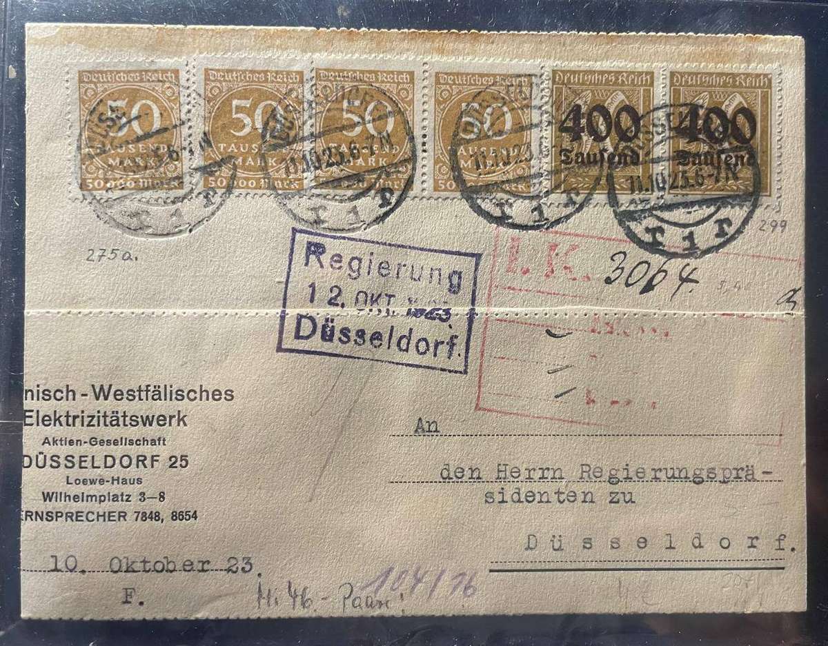 GERMANY 1923 COVER - E32.00 EURO / R650 DUSSELDORF ELECTRICITY DEPT