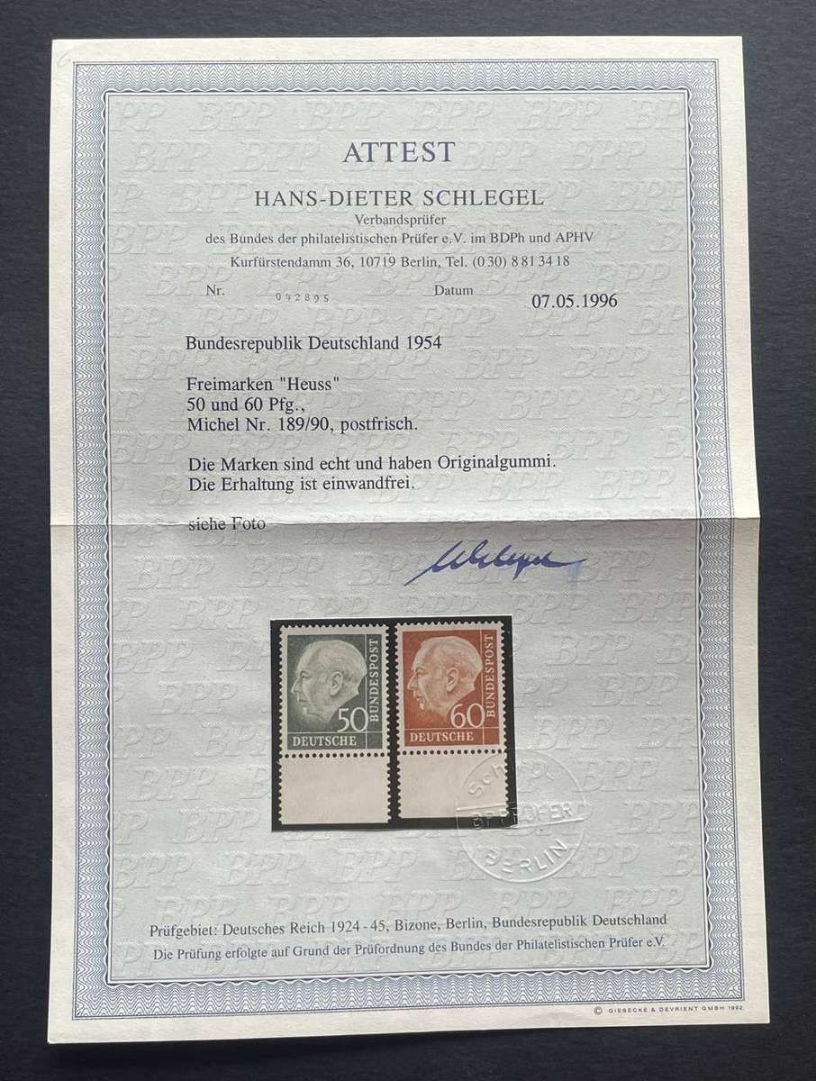Germany 1954 MNH** 50 & 60 Pf with Schlegel Certificate Theodore Heuss