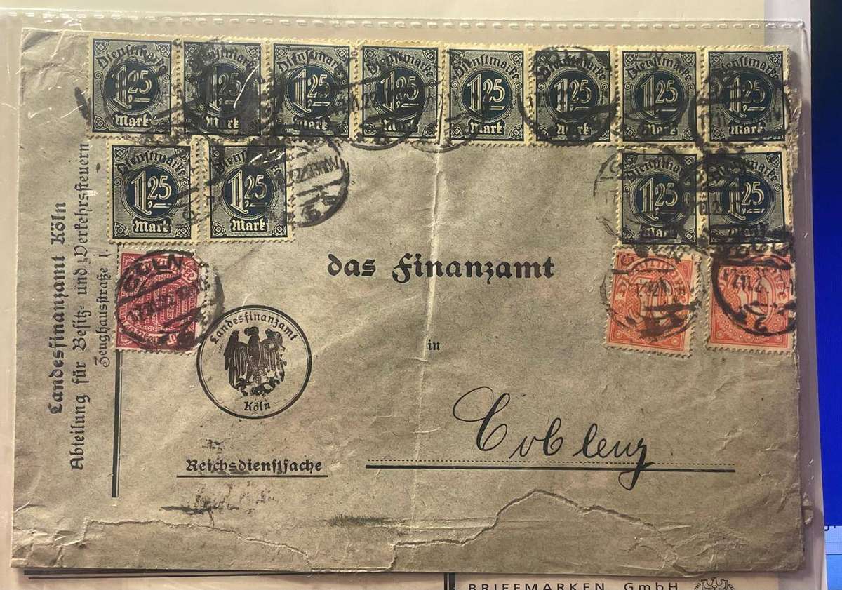 GERMANY DIENSMARK COVER - CV 90 EURO + / R2000 - 1922 COLOGNE LANDESAMT TO COBLENZ
