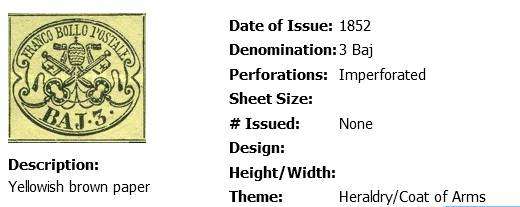 PAPAL STATE - 1851/52 COAT OF ARMS - 3 BAJ. MARGIN SINGLE - USED - CV$360 / R6250