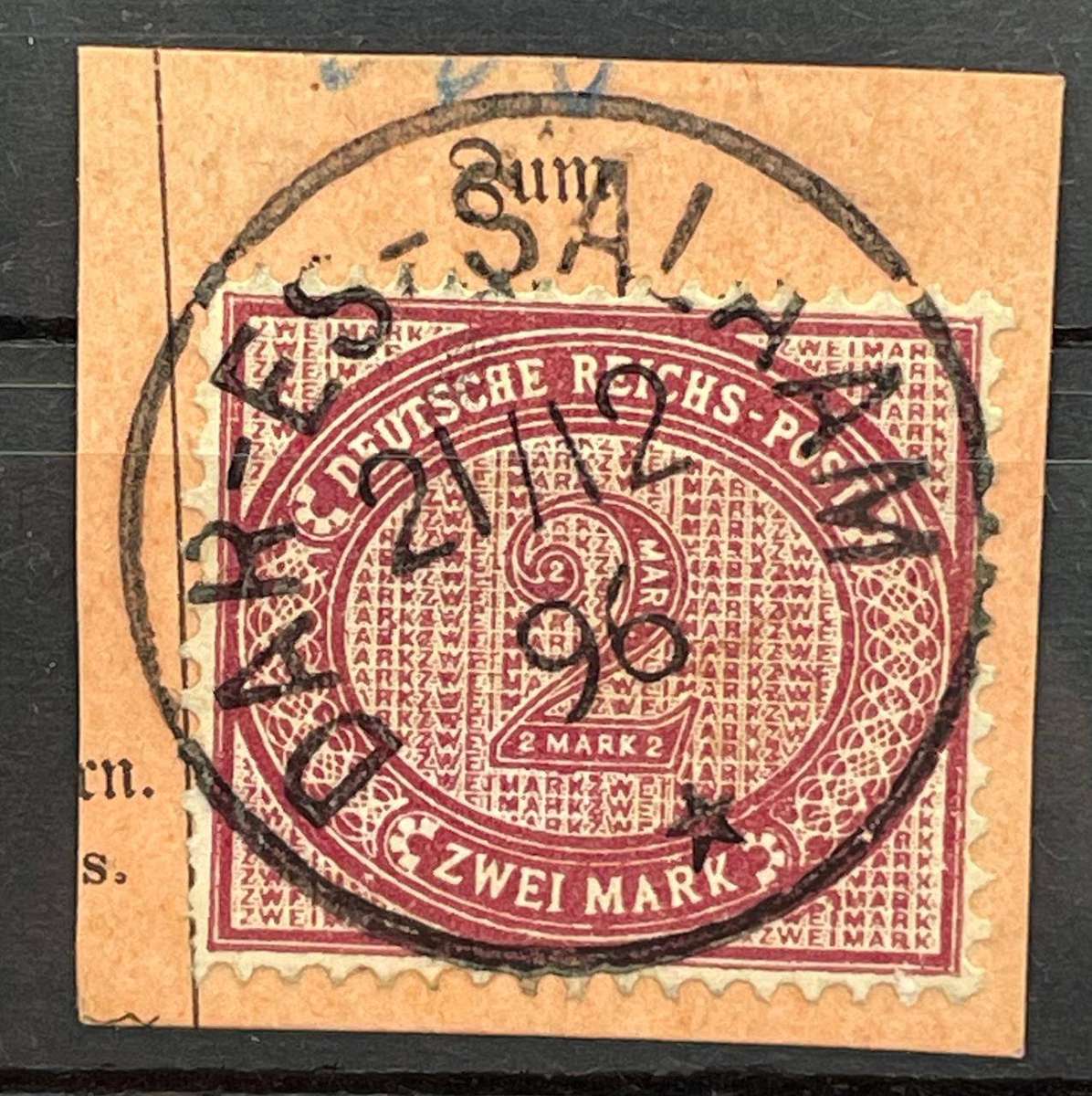 GERMAN EAST AFRICA 1896 SCARCE DAR-ES-SALAAM USAGE ON 2 MARK FORERUNNER ON PIECE
