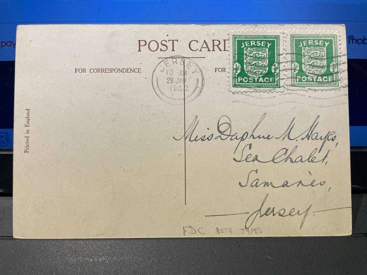 Jersey 1942 First Day Card - Mi. 1 x & y - ½ d - Both Types on Card 29/01/1942