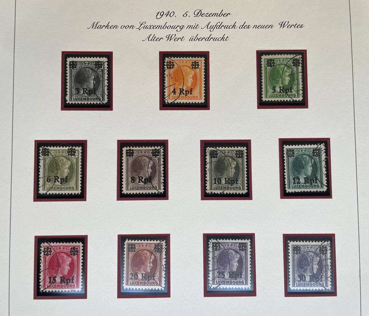 1940 LUXEMBOURG GERMANY OVERPRINT SET POSTALLY USED 100 REICHS PFENNIG
