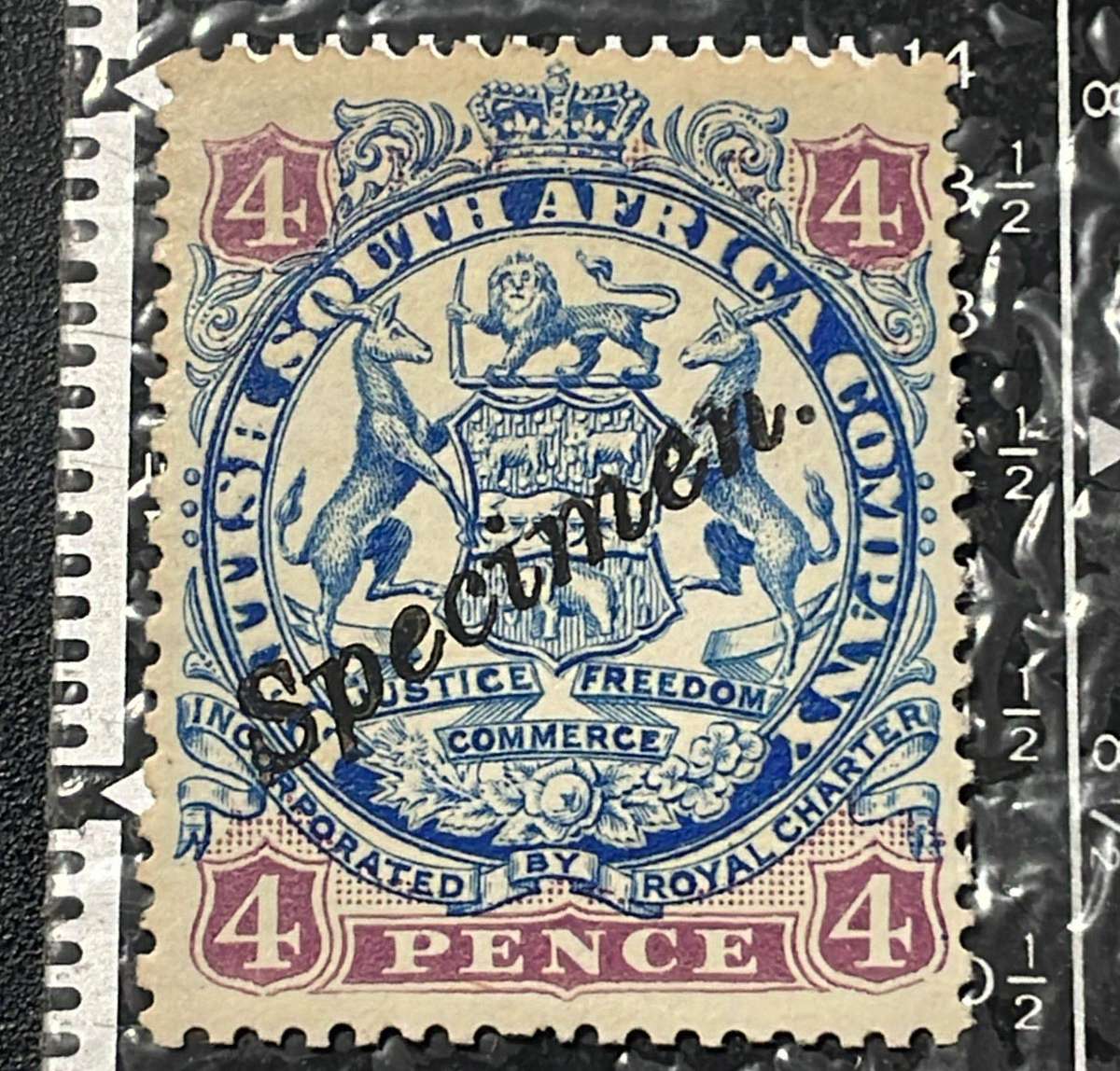BSAC RHODESIA - 1896 4d SPECIMEN MH CV R1000 +