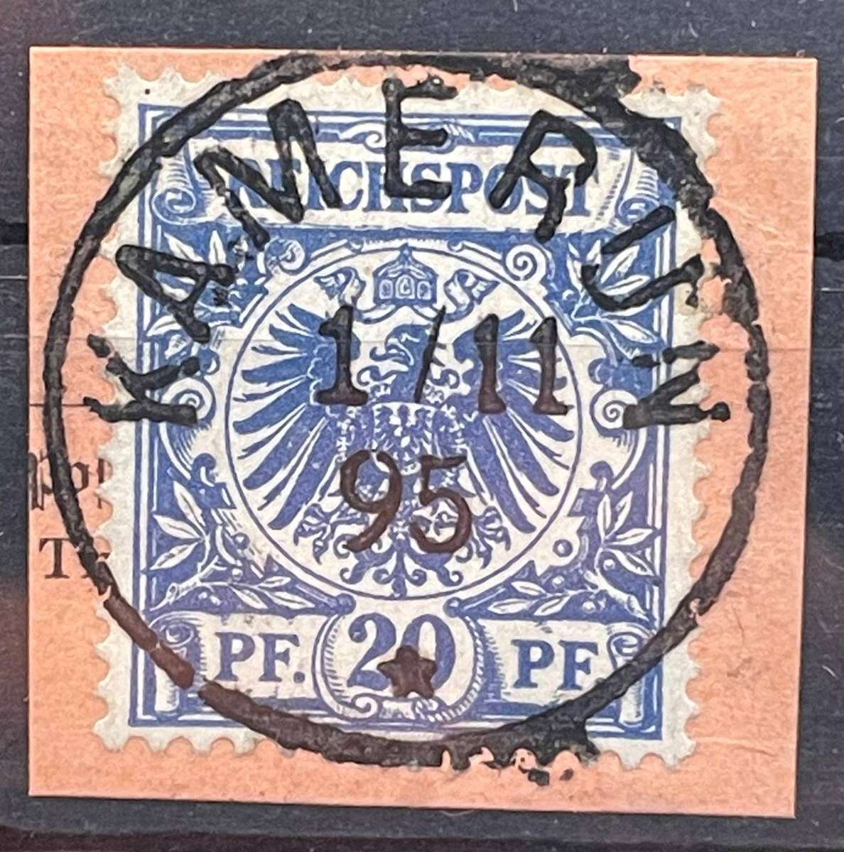 GERMANY KAMERUN 1895 V37 FORERUNNER USED ON PIECE CV EURO 200+ / R4000