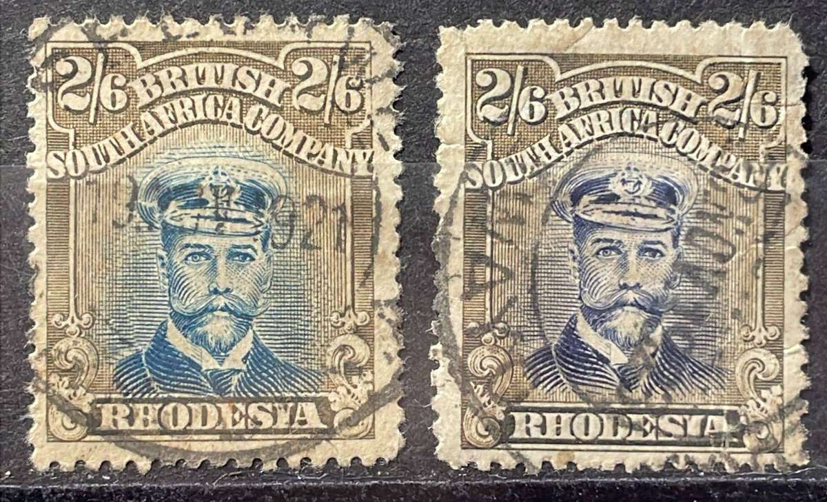 RHODESIA 1913 - 2 X 2/6d - DIE 2 PERF 14 USED - CV R1800+